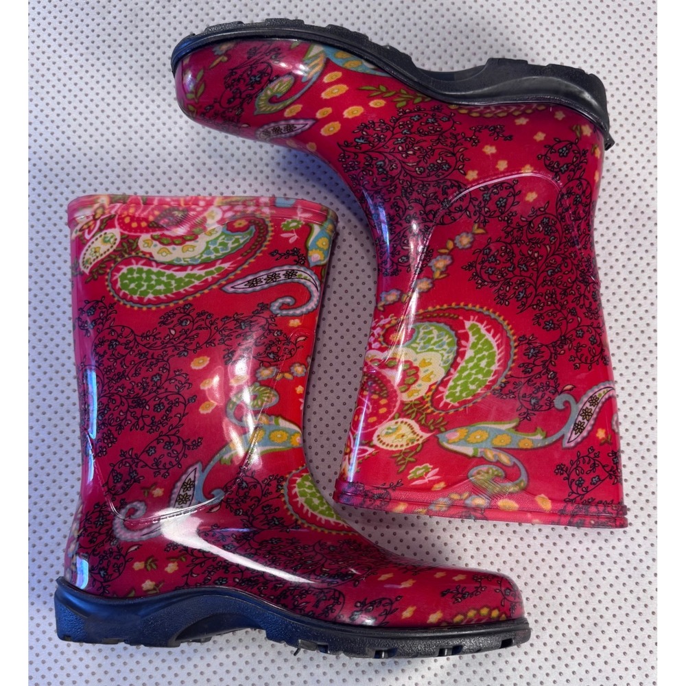 Sloggers Red Paisley Waterproof Rain Boots Womens 9 Garden Mid Calf Made USA